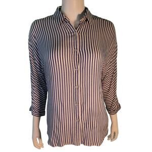 CATHERINE MALANDRINO Striped Semi-Sheer Button Down Blouse Sz S Coastal Flowy